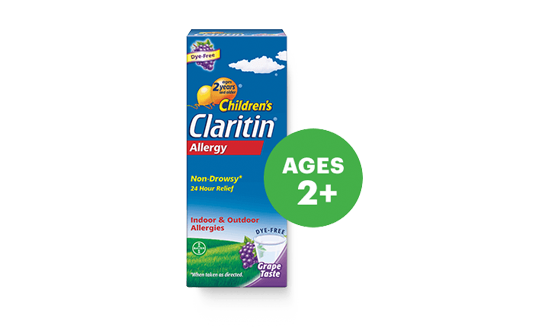 A box of Children’s claritin 24 hour grape syrup for ages 2 years and older