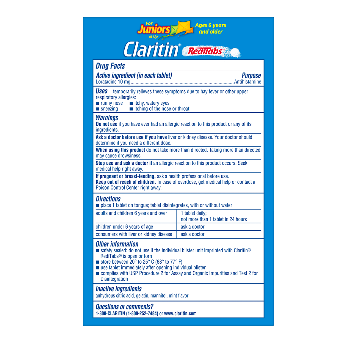 reverse view of Claritin reditabs for juniors 24 hour package