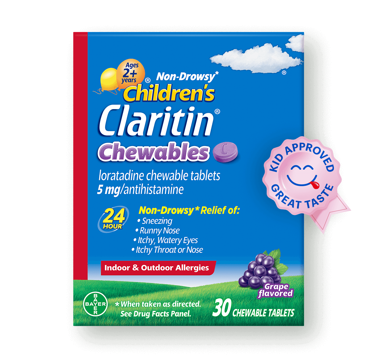 blue carton of Children's Claritin® Chewables grape flavor sitting on green grass against a blue sky