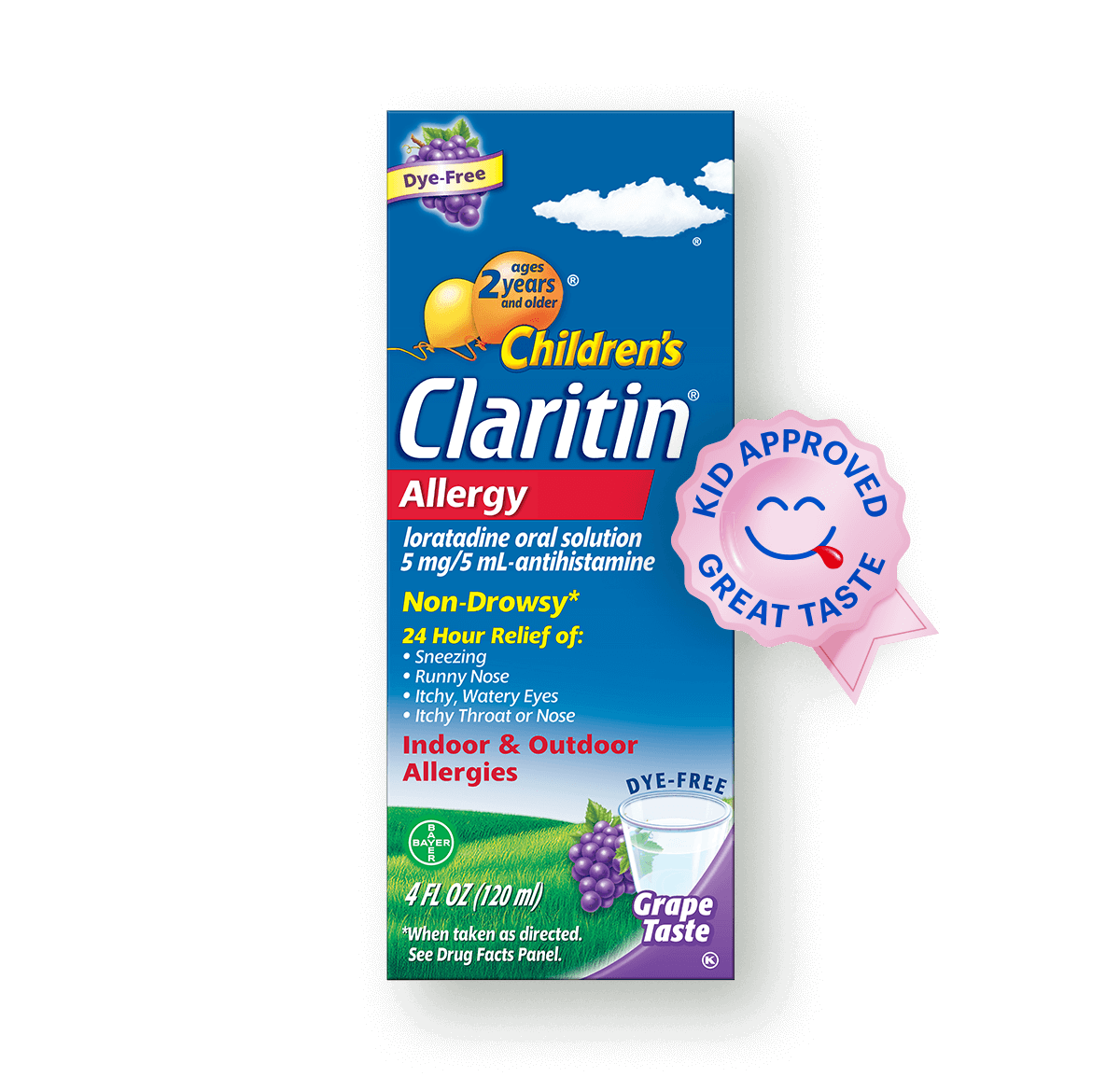blue carton of Children's Claritin® Syrup sitting on green grass against a blue sky