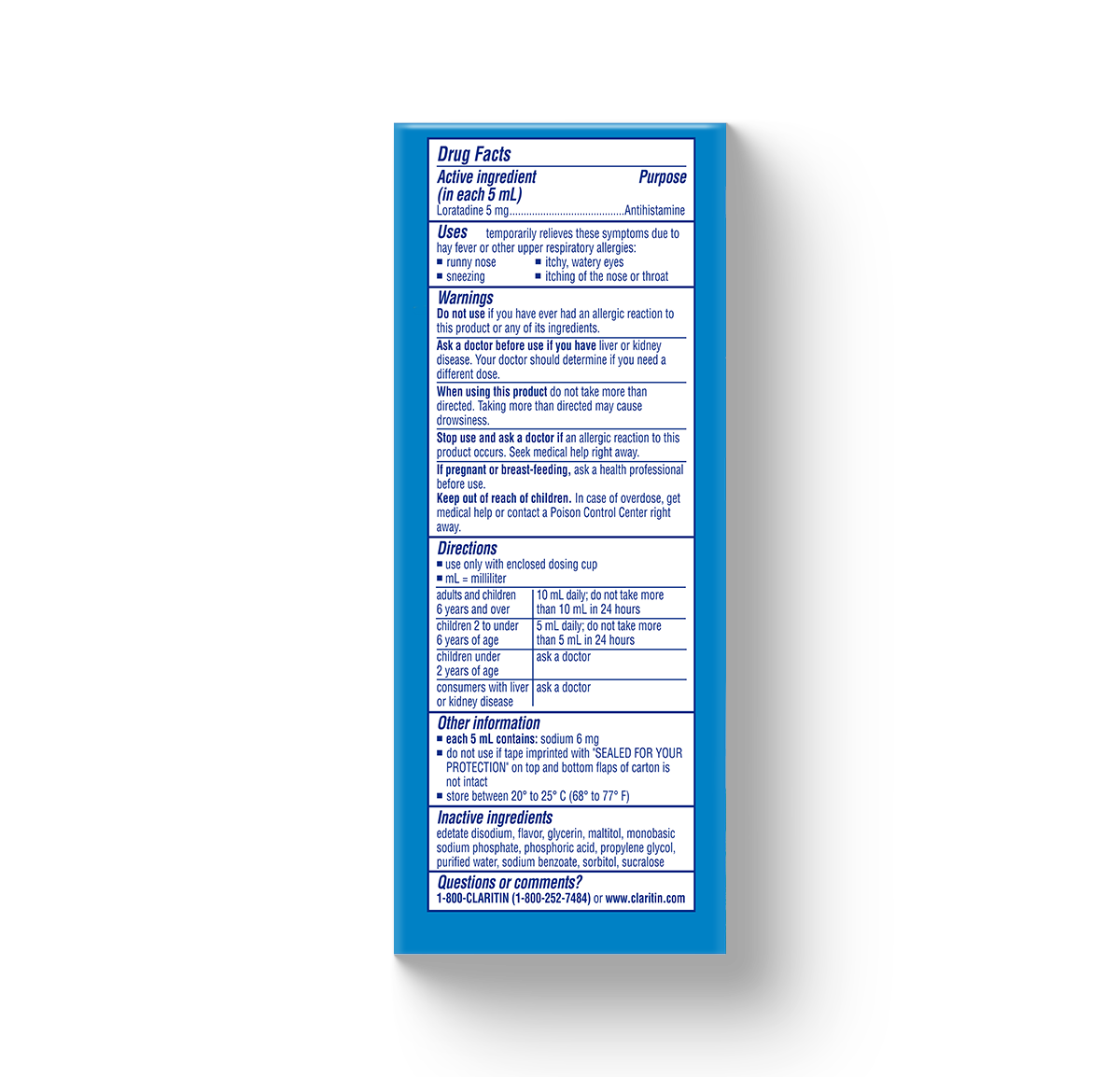 blue and white carton showing drug facts for Children’s Claritin® Syrup 24-Hour