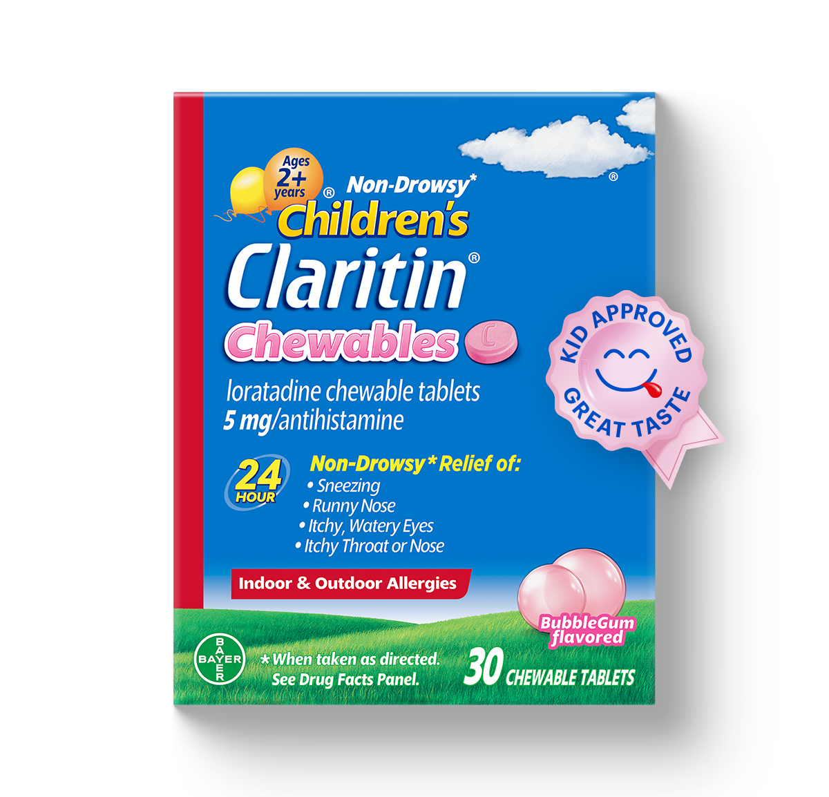 blue carton of Children’s Claritin® Chewables 24-Hour Bubblegum Flavored