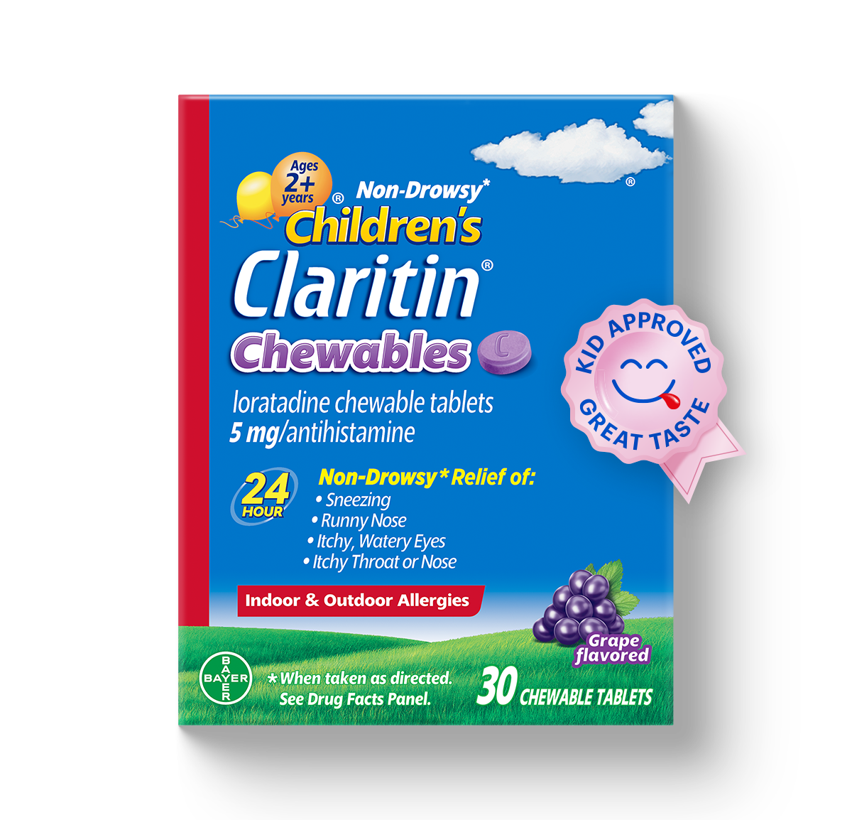 blue carton of Children’s Claritin® Chewables 24-Hour Grape Flavored