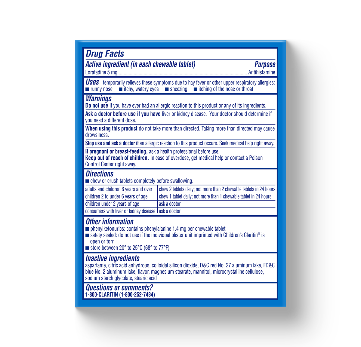 blue carton showing drug facts for Children’s Claritin® Chewables 24-Hour