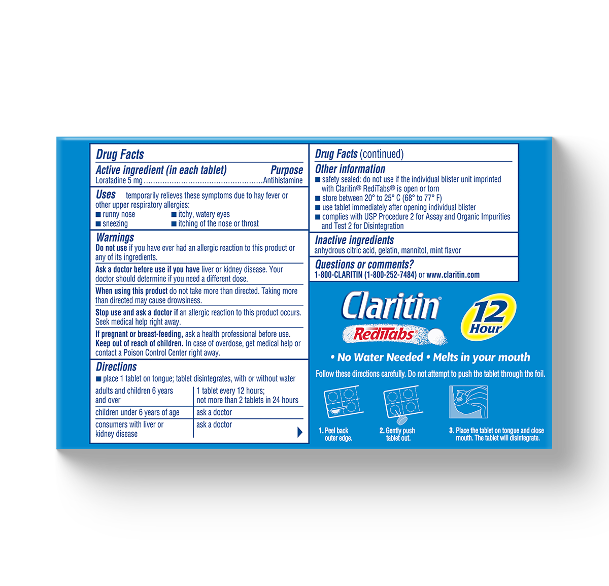 blue and white carton showing drug facts for Claritin® RediTabs® 12-Hour