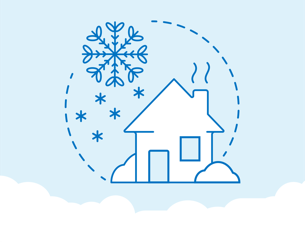 Icon of a house with snowflakes surrounding it representing winter