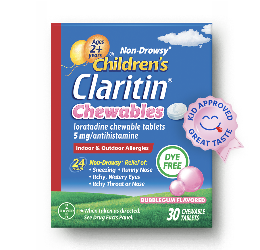 Box of Children’s Claritin® chewables in bubblegum flavor for ages 2+ years. The tablets are dye-free and feature a Kids Approved Great Taste badge. 