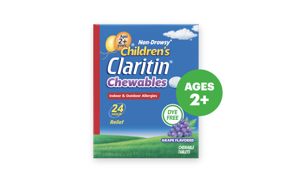 Box of Non-Drowsy* Children’s Claritin® chewables for ages 2+ years. The tablet is dye free and comes in grape flavor. 