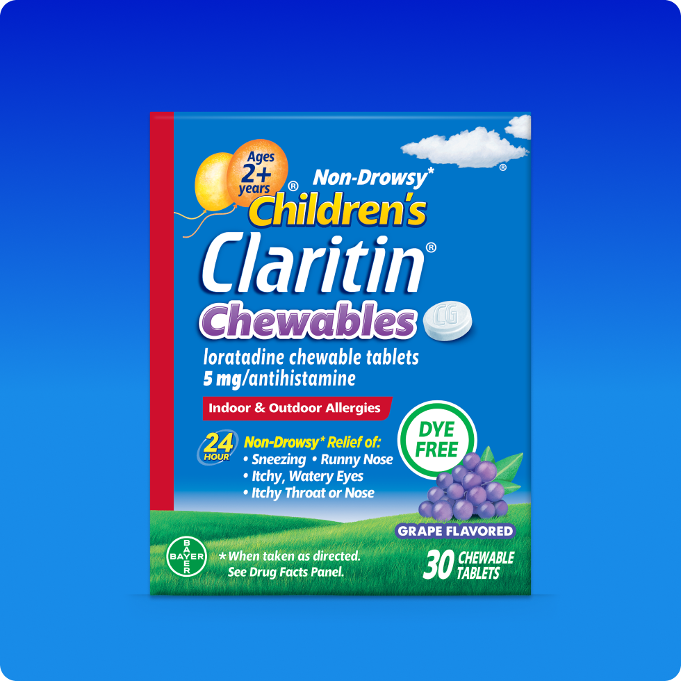 Children’s Claritin® Chewable tablets pack that provides 24-hour non-drowsy allergy relief in grape flavor.