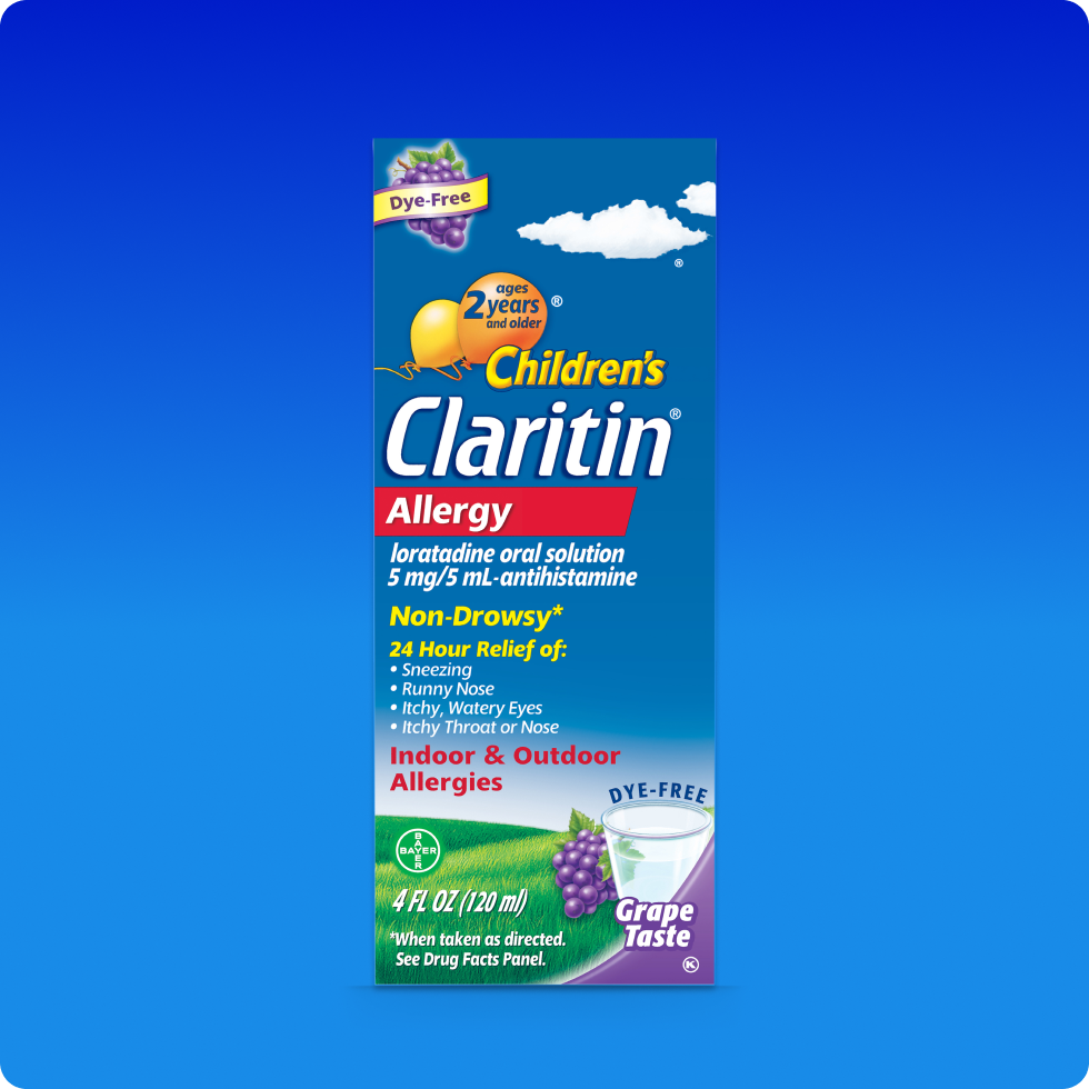 Box of Children’s Claritin® syrup that provides 24-hour non-drowsy allergy relief in kid friendly grape flavor.