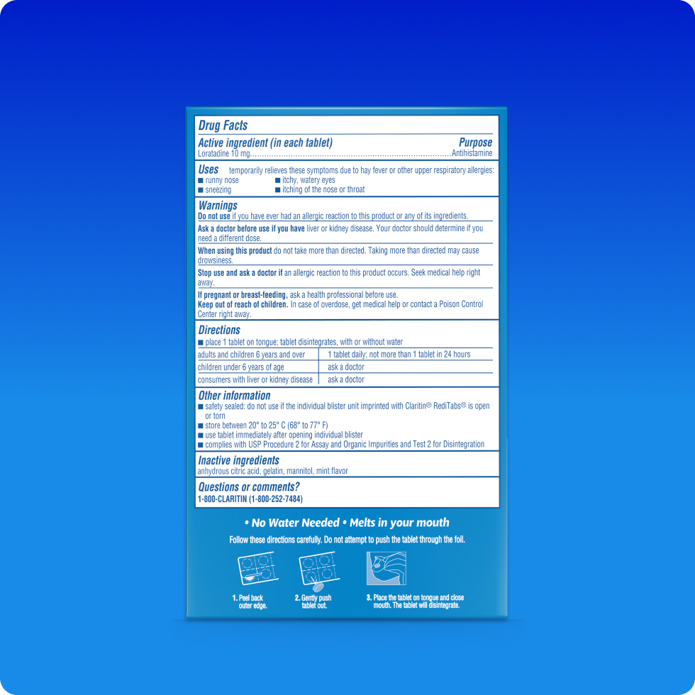 Drug Facts of Claritin® RediTabs® for Juniors, it includes information on ingredients, safety, uses and directions. 