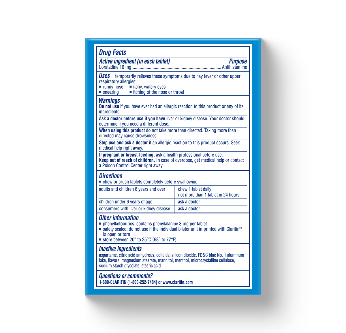 blue carton showing drug facts for Claritin® Chewables Cool Mint Flavor