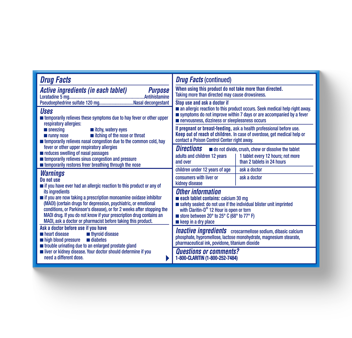 blue carton showing drug facts for Claritin-D® Tablets 12-Hour