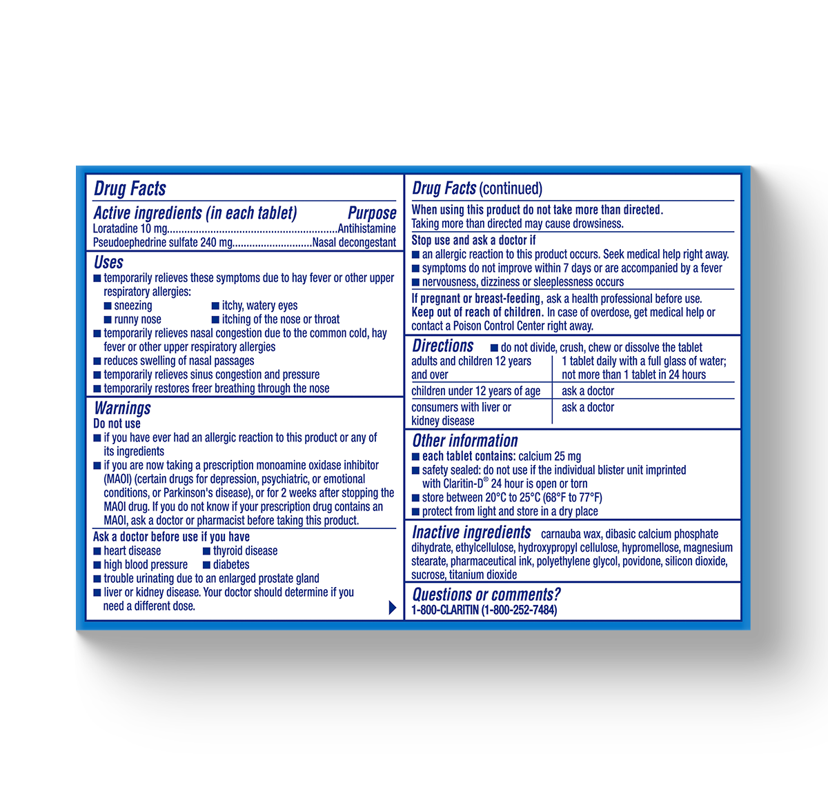 blue carton showing drug facts for Claritin-D® Tablets 24-Hour