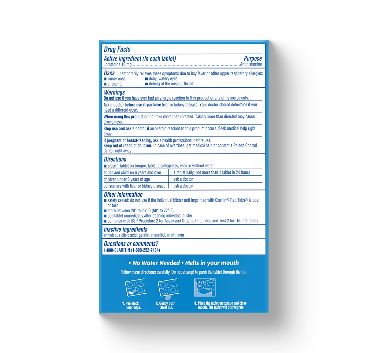 blue carton showing drug facts for Claritin® RediTabs® for Juniors 24-Hour