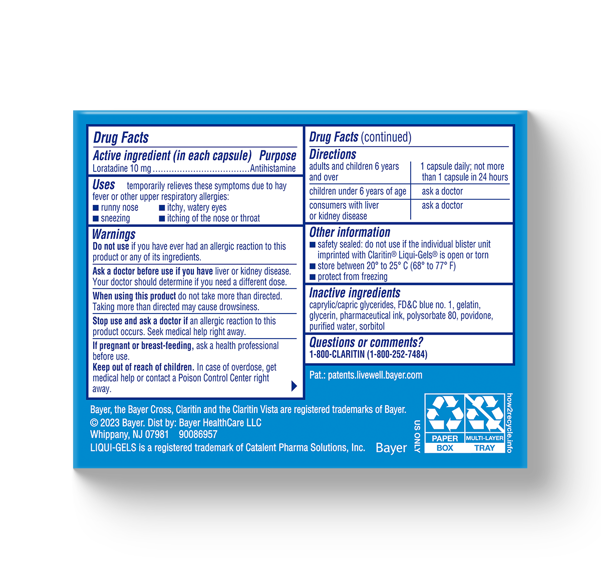 blue carton showing drug facts for Claritin® Liqui-Gels® 24-Hour