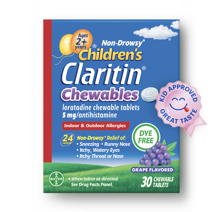 Box of Children’s Claritin® chewables in grape flavor for ages 2+ years. The tablets are dye-free and feature a Kids Approved Great Taste badge.