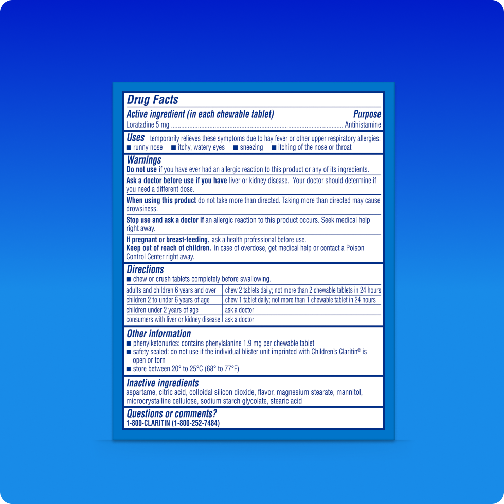 Drug Facts of Children’s Claritin® Chewables in bubblegum flavor, it includes ingredients, safety, and usage information. 