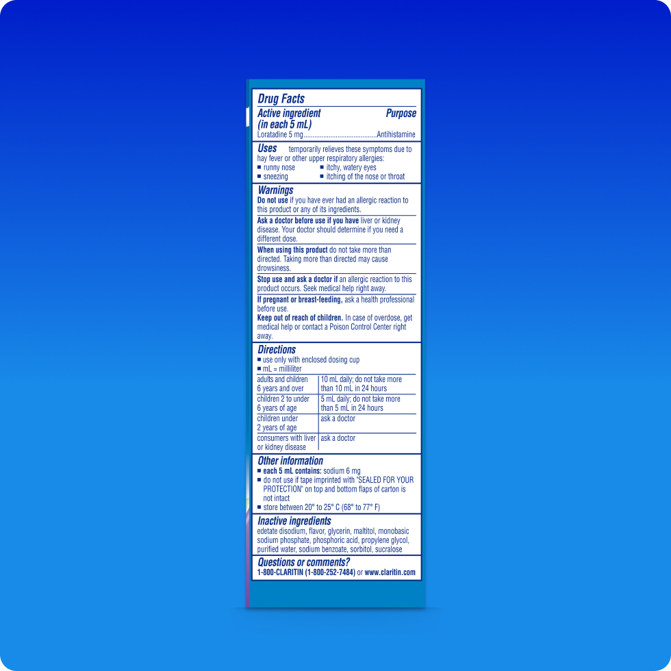 Drug Facts of Children’s Claritin® syrup, it includes information on ingredients, safety, uses and directions.