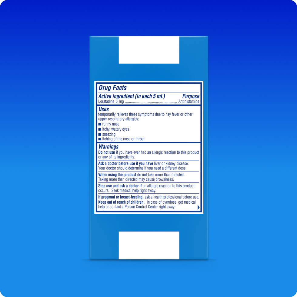 Drug Facts of Claritin® Liquid, it includes information on ingredients, safety, uses and directions.