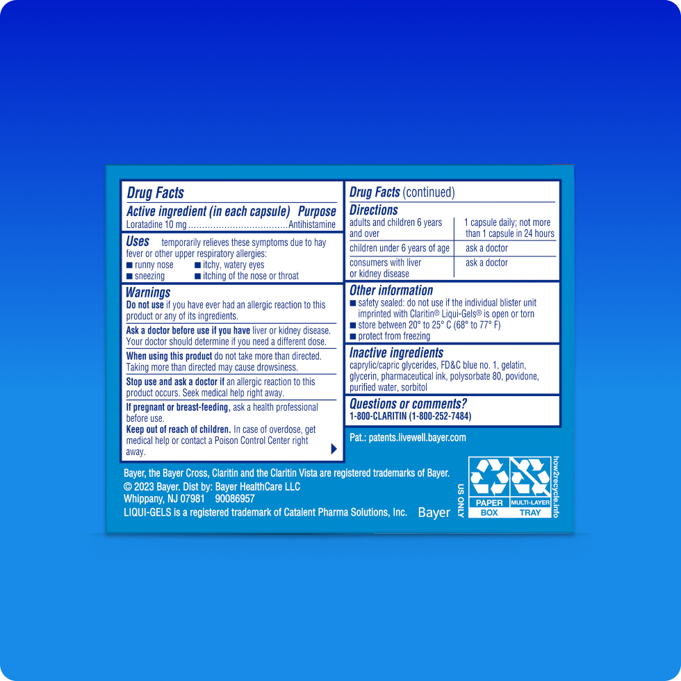 Drug Facts of Claritin® Liquid Gels, it includes information on ingredients, safety, uses and directions. 