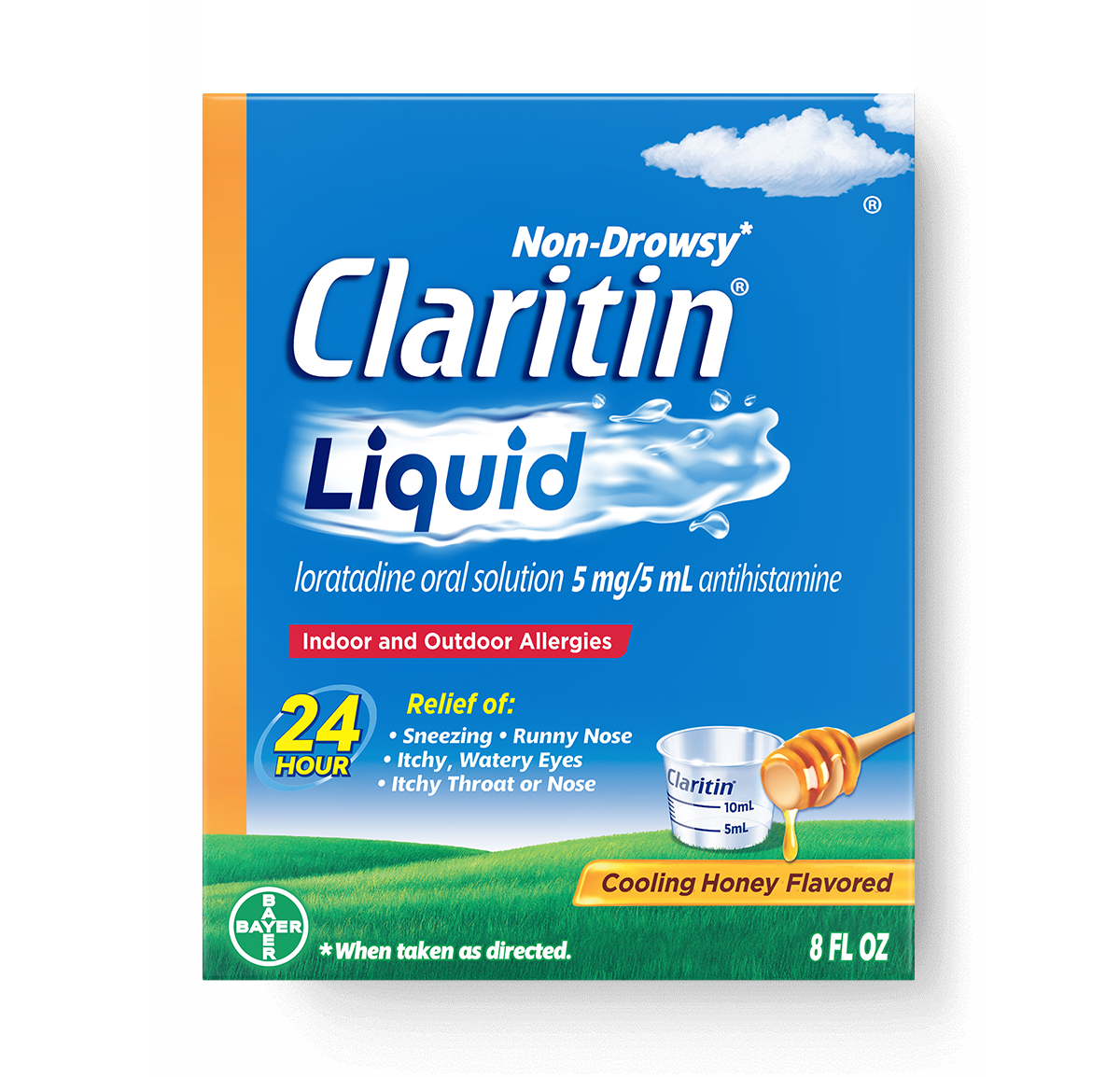 La caja de Claritin® Liquid 24-Hour aparece sobre un fondo azul.