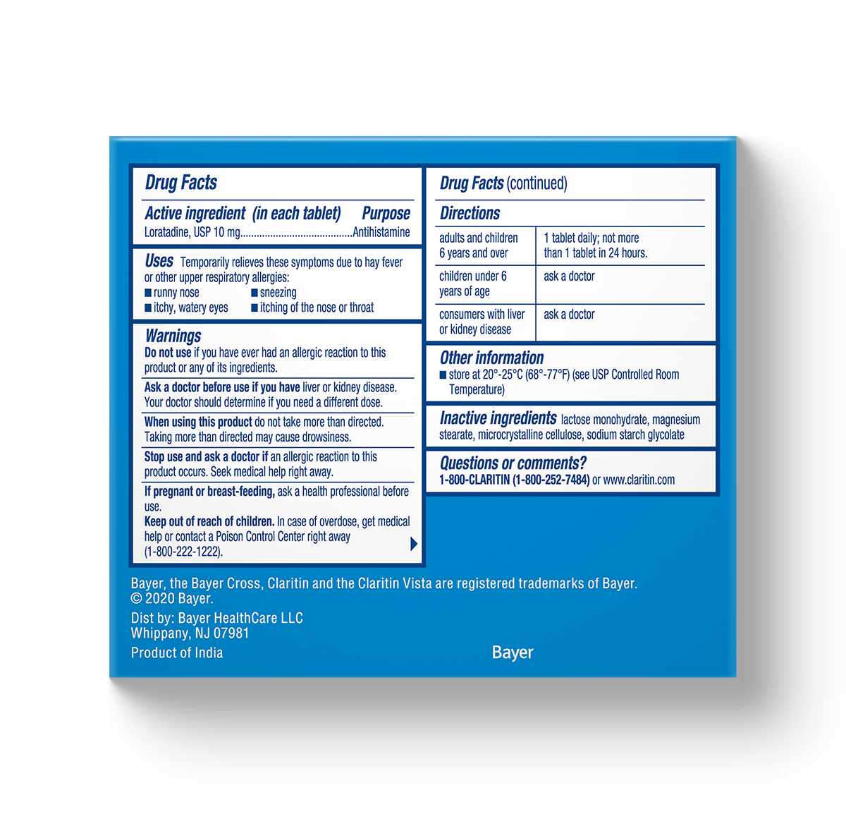 blue carton showing drug facts for Claritin® Tablets 24-Hour