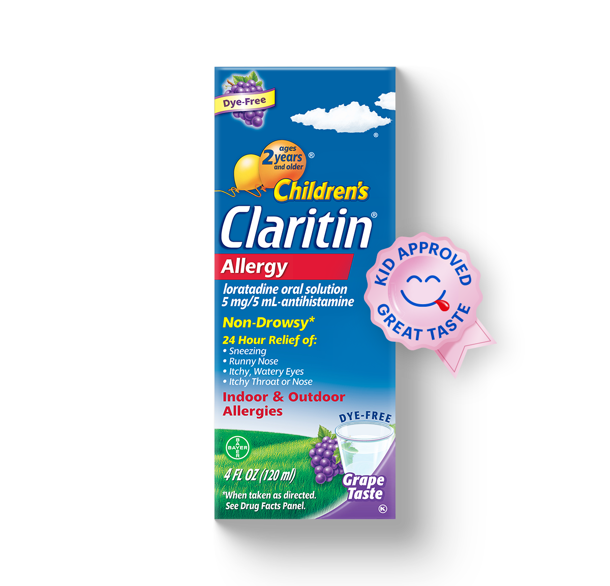  blue carton of Children’s Claritin® Syrup 24-Hour