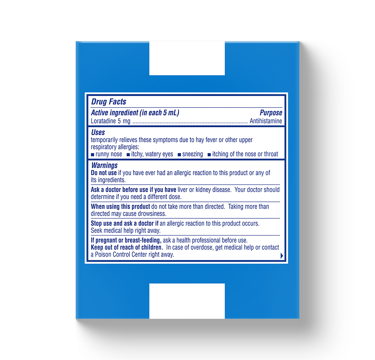 La caja de Claritin® Liquid 24-Hour aparece sobre un fondo azul.