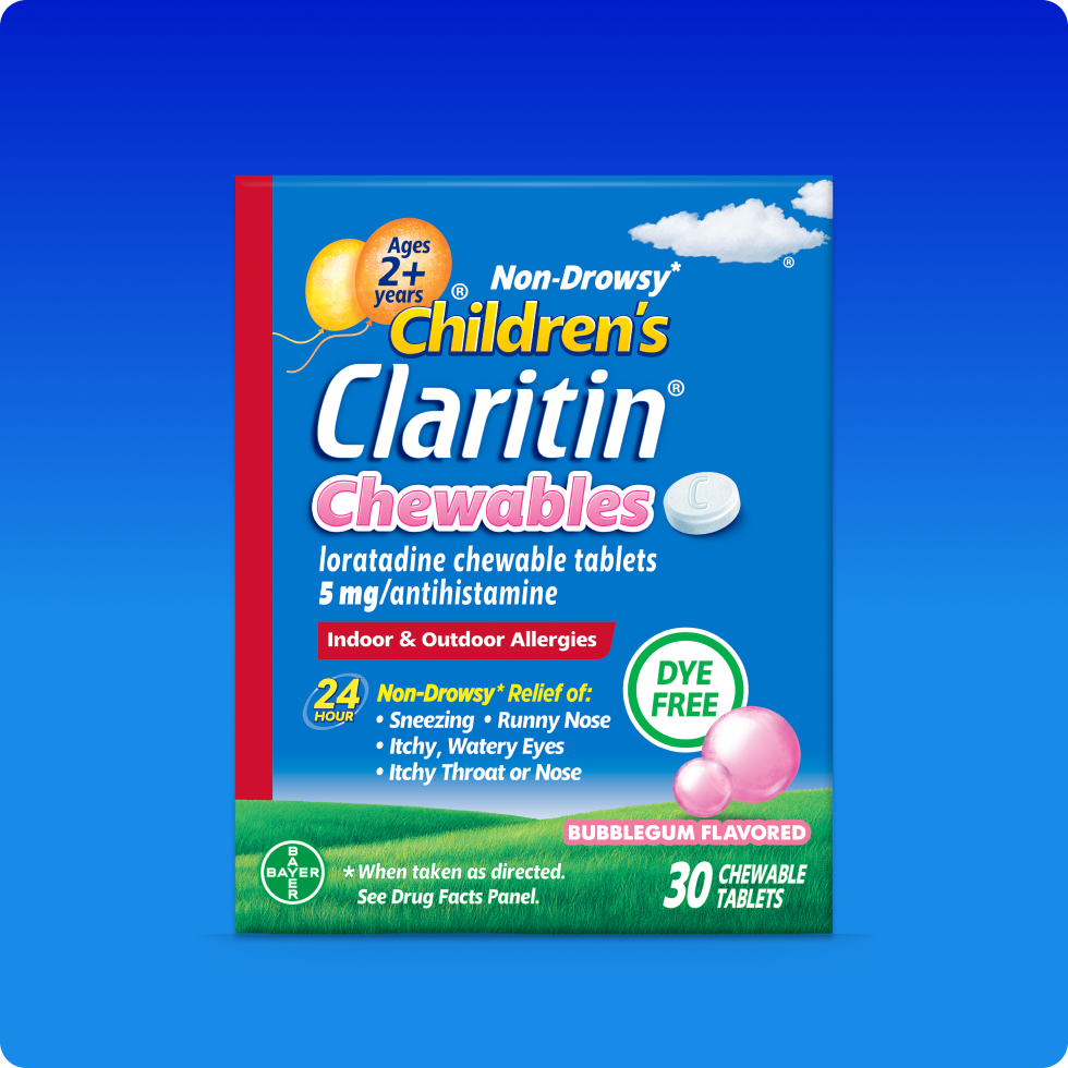 Children’s Claritin® Chewable tablets pack that provides 24-hour non-drowsy allergy relief in bubblegum flavor. 