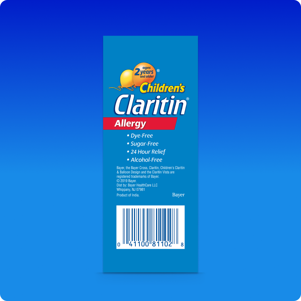 Back of Children’s Claritin® syrup pack indicating it provides 24 hours allergy relief and is free of dye, sugar and alcohol. 