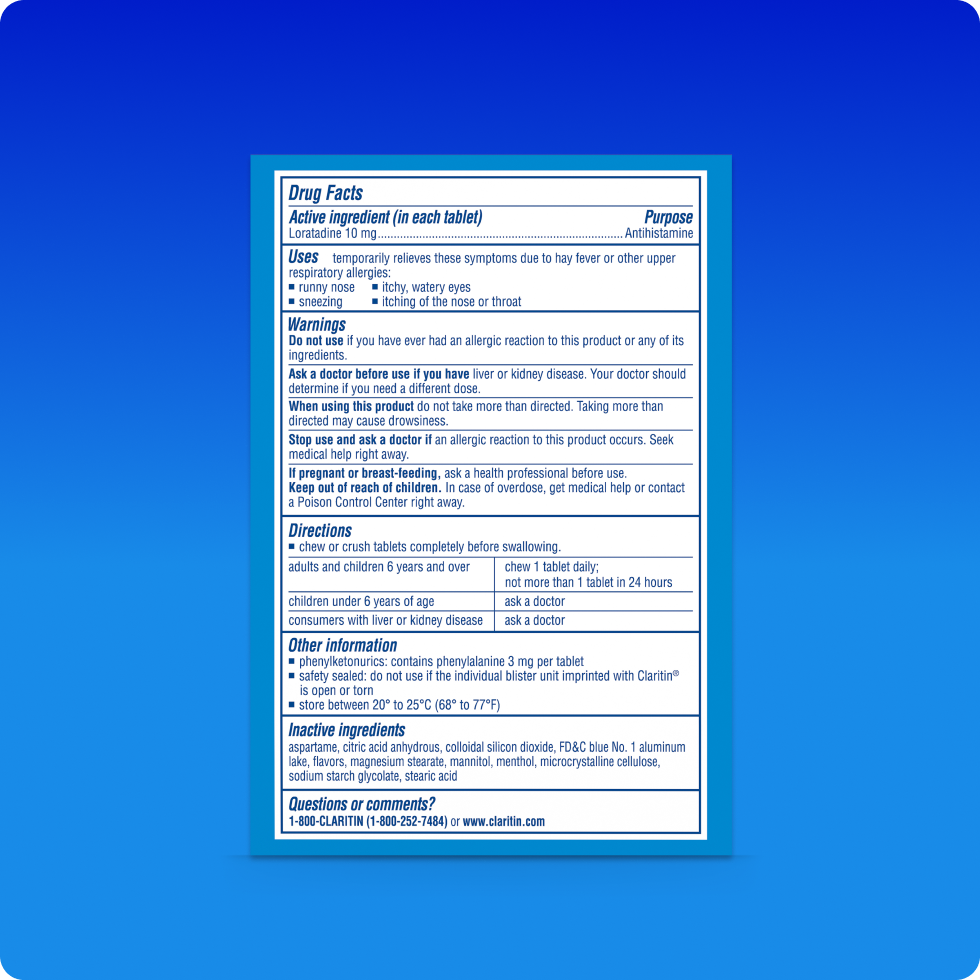 Drug Facts of Claritin® Chewables, it includes information on ingredients, safety, uses and directions.