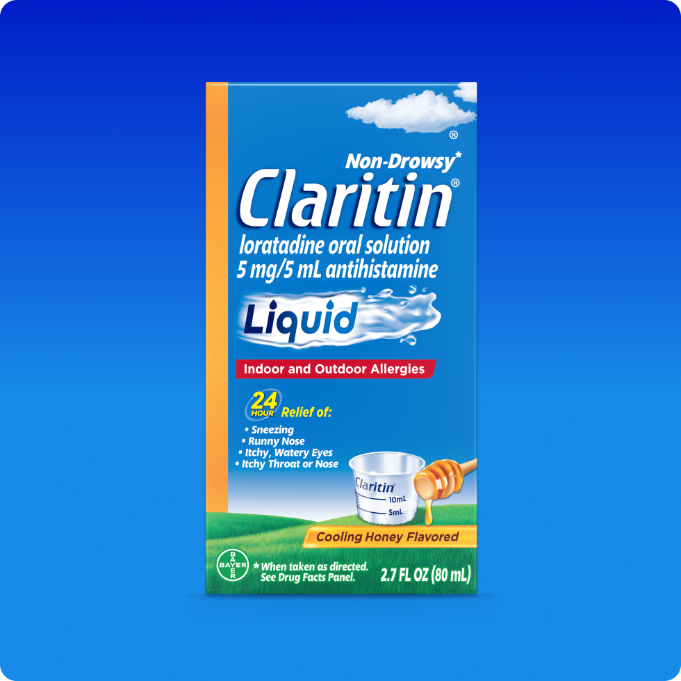 Carton of Claritin® Liquid that provides allergy relief in the form of cooling honey flavored liquid.