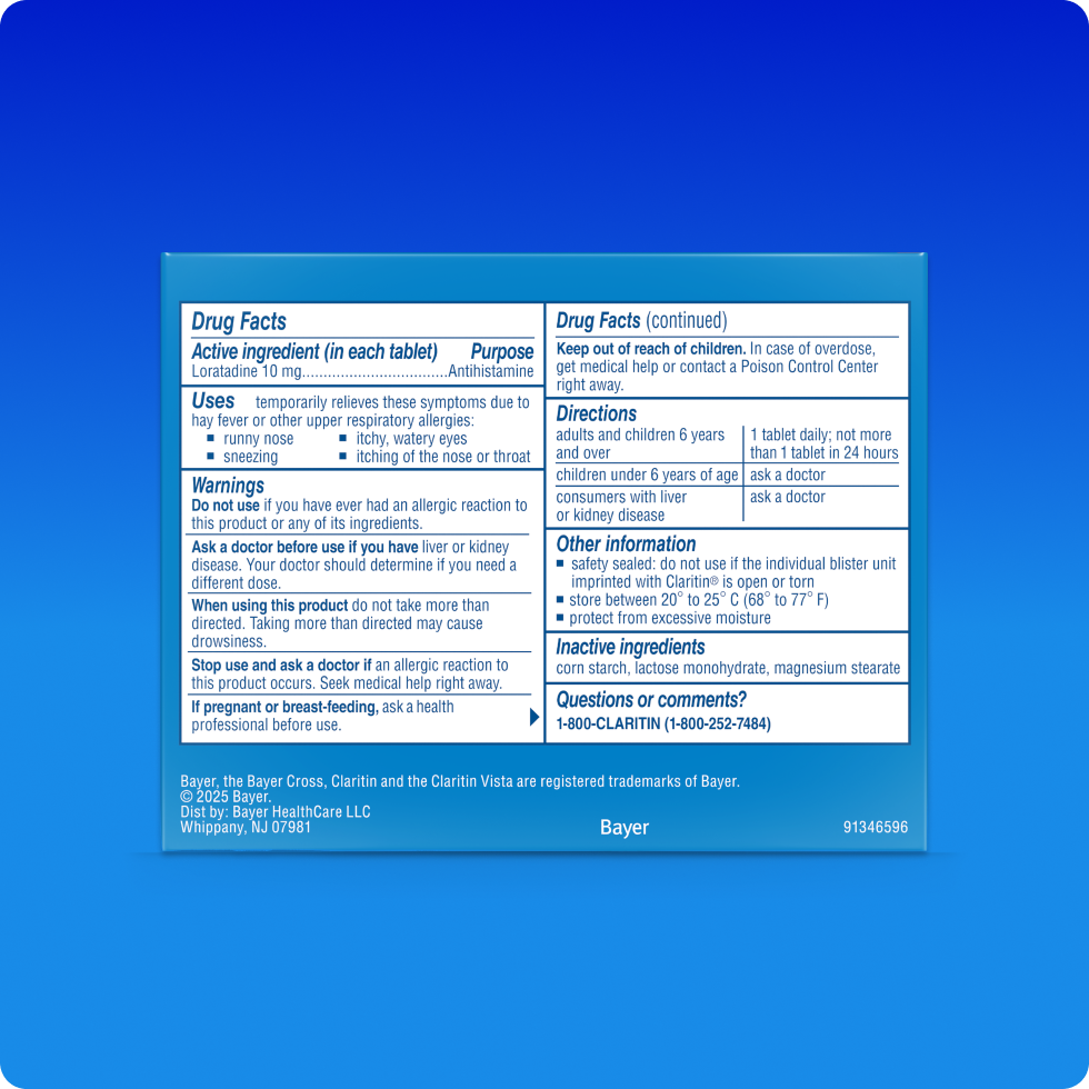 Drug Facts of Claritin® Tablets 24 Hour, it includes information on ingredients, usage and safety instructions. 