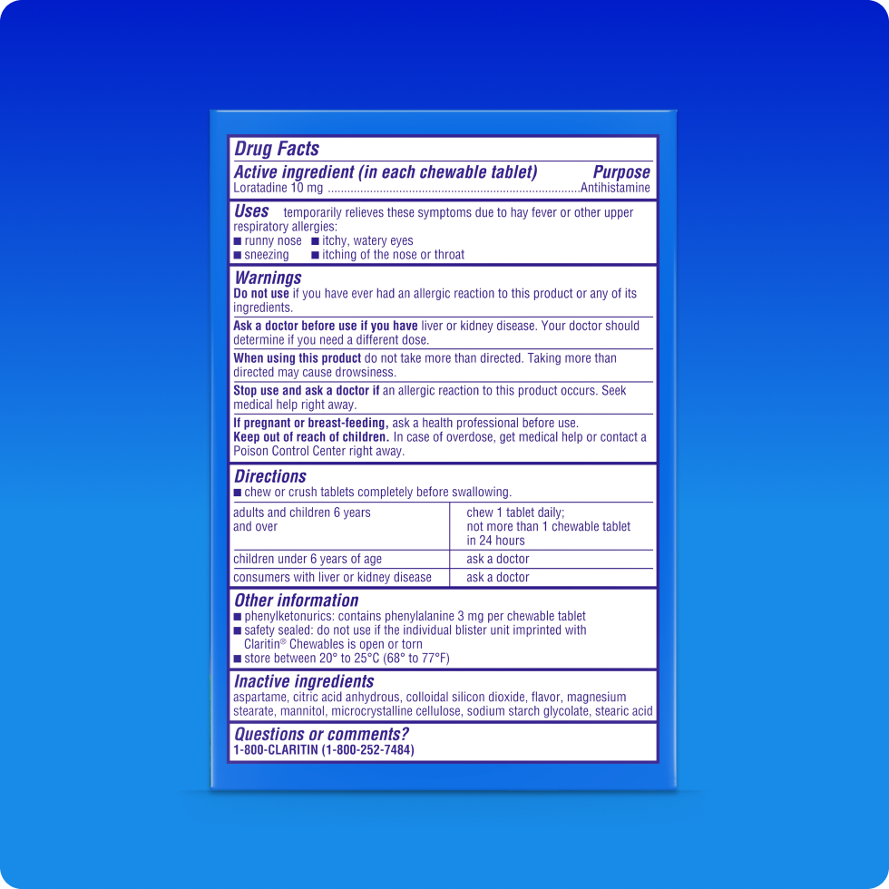 Drug Facts of Children’s Claritin® Max Strength Chewable tablets, it includes ingredients, safety, and usage information. 