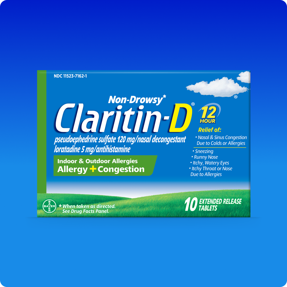 Claritin-D® tablets 12-hour alivia los síntomas de la alergia y la congestión nasal.