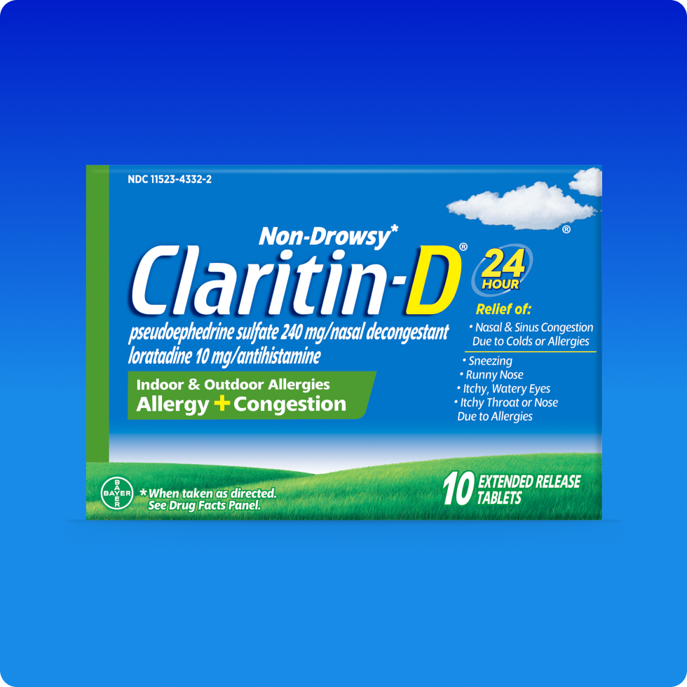 Claritin-D® tablets 24 Hour alivia los síntomas de la alergia y la congestión nasal.