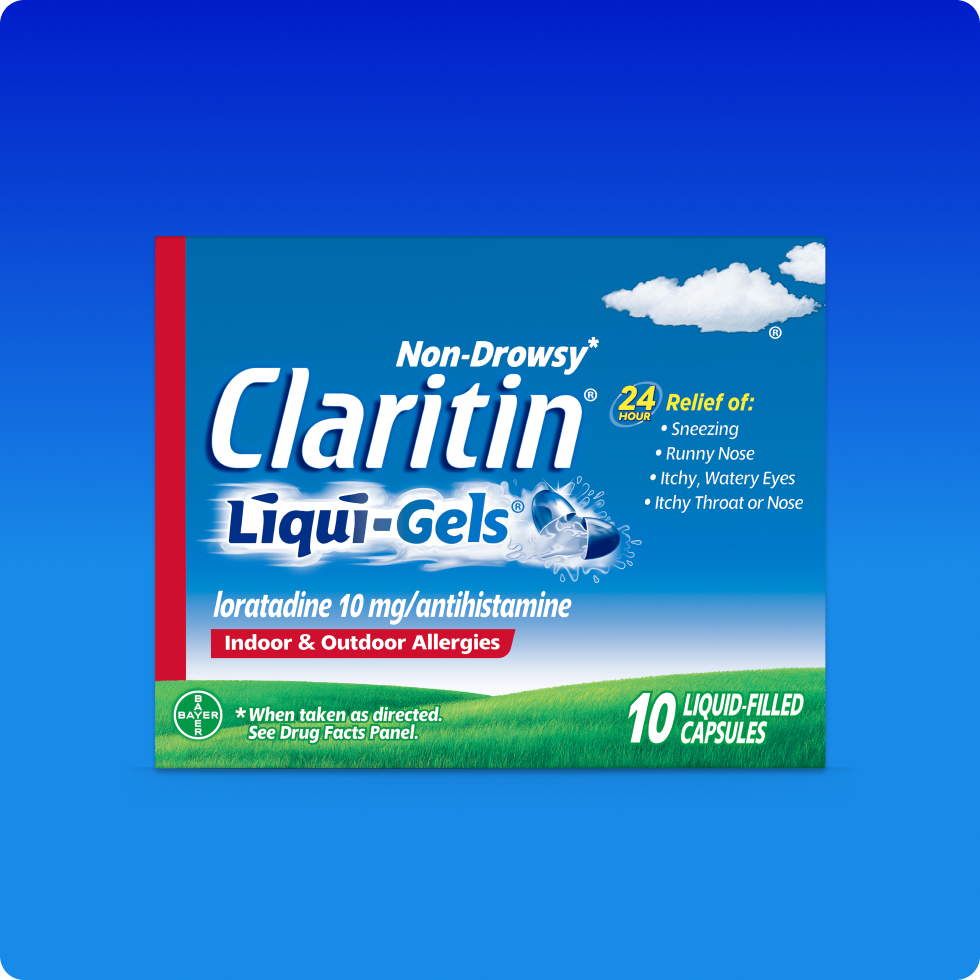 Claritin® Liquid Gels ofrece 24 horas de alivio de los síntomas de la alergia sin causar somnolencia en forma de cápsulas fáciles de tragar.