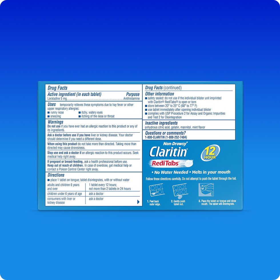 La información sobre el fármaco Claritin® RediTabs® 12 Hour, incluye datos sobre los ingredientes, la seguridad, los usos y las instrucciones de uso. 