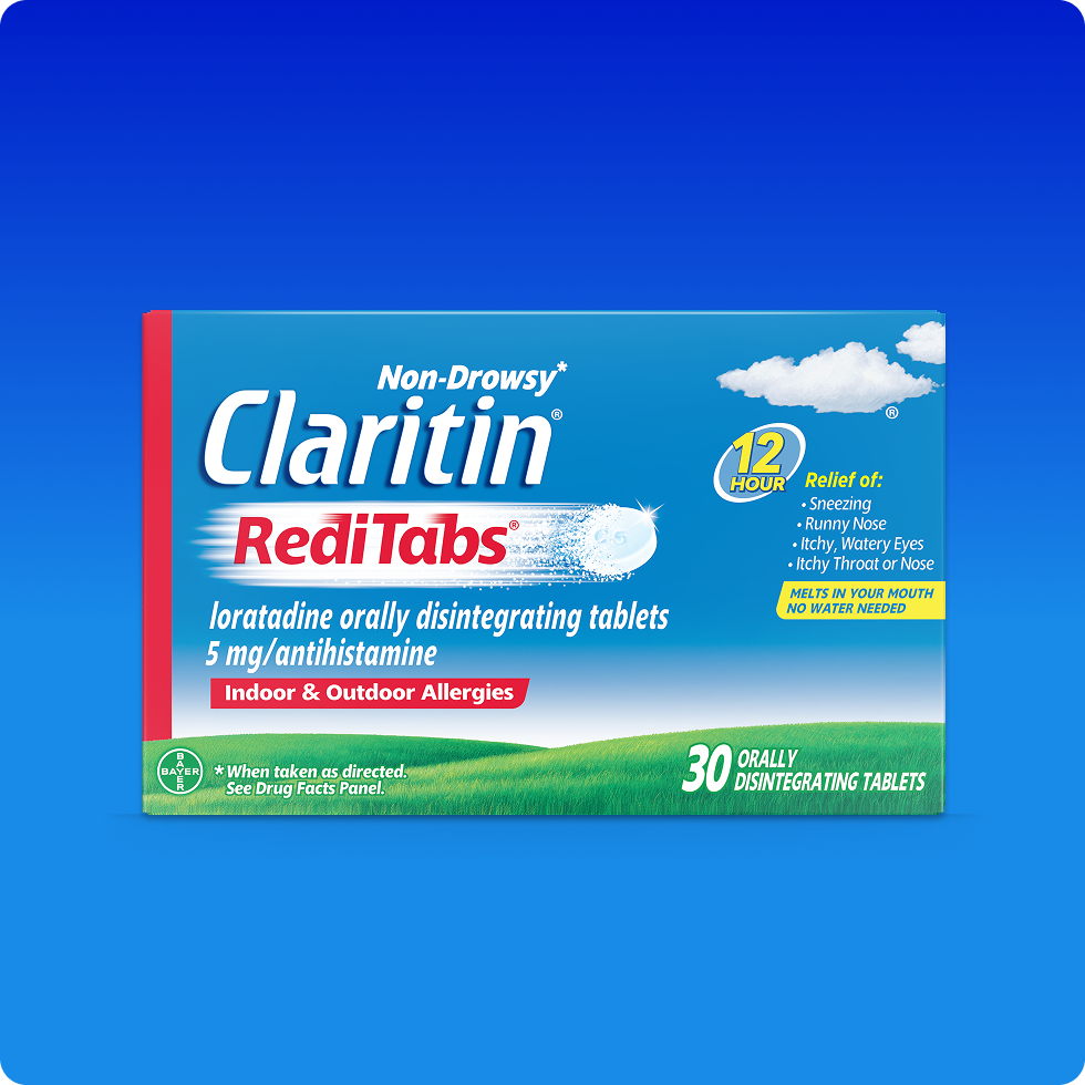 Claritin® RediTabs® comprimidos que se derriten en la boca y proporcionan alivio para la alergia sin causar somnolencia durante 12 horas.