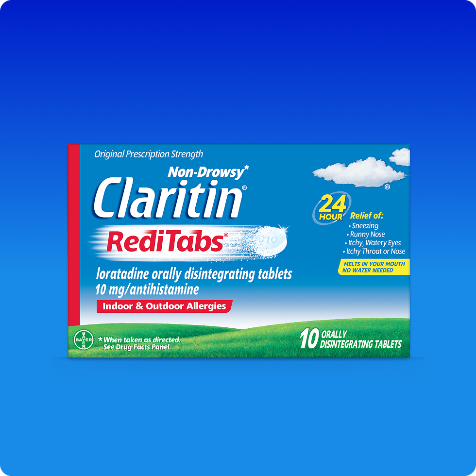 Claritin® RediTabs® comprimidos que se derriten en la boca y proporcionan alivio para la alergia sin causar somnolencia durante 24 horas.