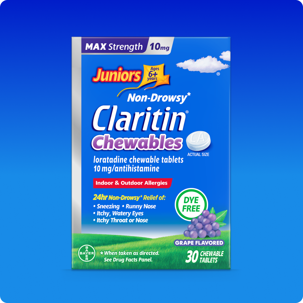 Children’s Claritin® Max Strength Chewable que proporcionan un alivio de la alergia durante 24 horas sin causar somnolencia en los más pequeños.